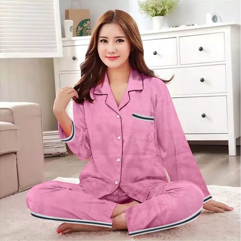 piyama katun polos/piyama lengan panjang/setelan wanita/baju setelan kekinian/pita embos