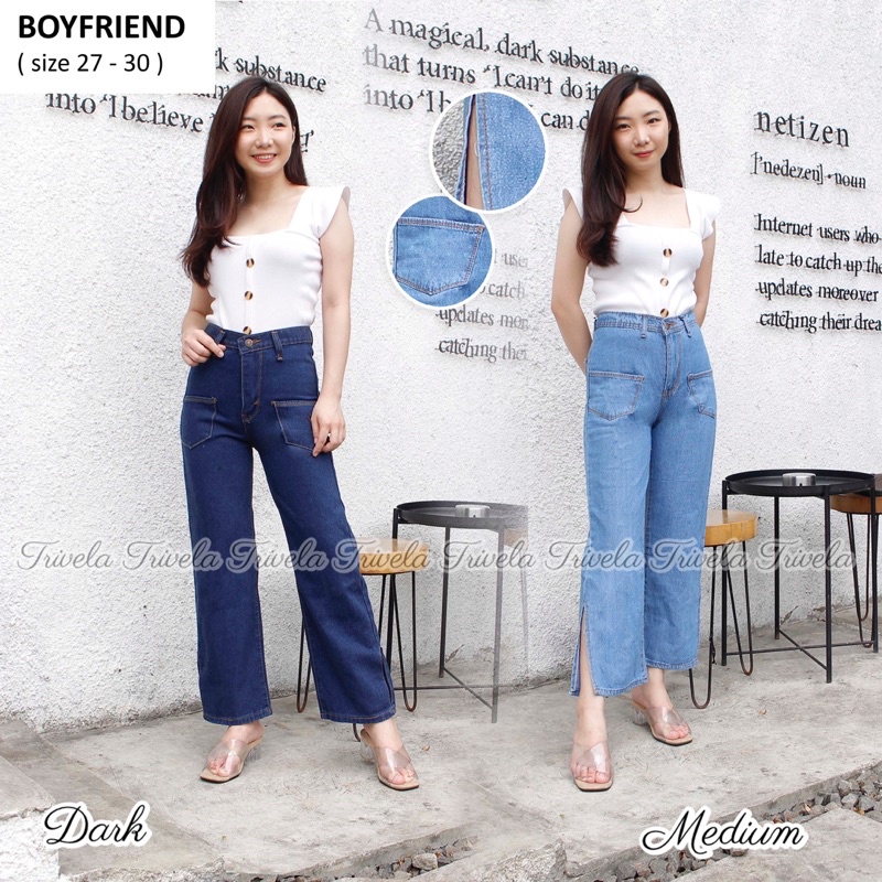 TRIVELA - Celana Boyfriend Belah / Pocket Boyfriend / Boyfriend Jeans Kantong Belah / Zoya