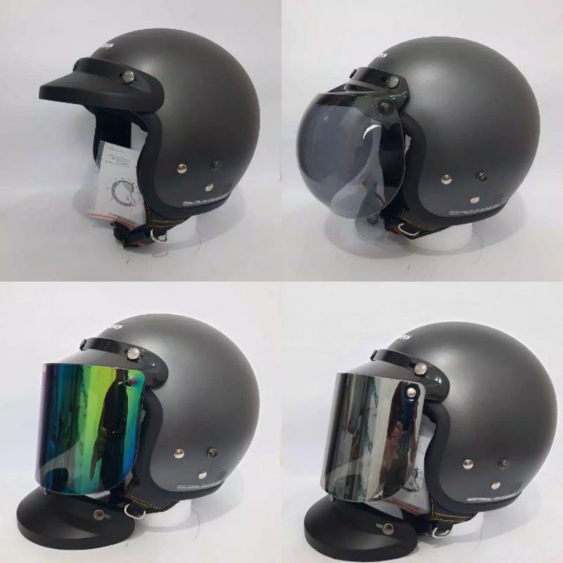 Helm cargloss retro abu doff kaca datar kaca cembung