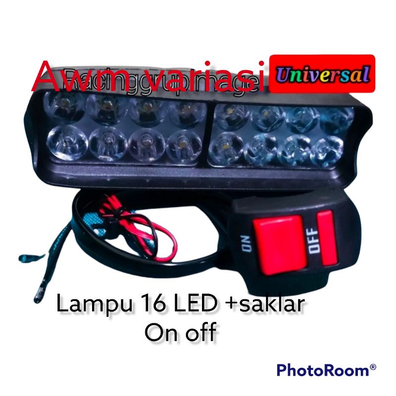 lampu sorot 16 LED lampu tembak 16 mata dan saklar on off penjepit stang