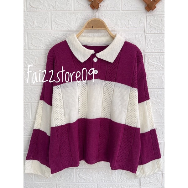 NAOMI SWEATER RAJUT MOTIF JARING CROP TOP STRIP BAHAN TEBAL PREMIUM KNIT STORE09 MURAH