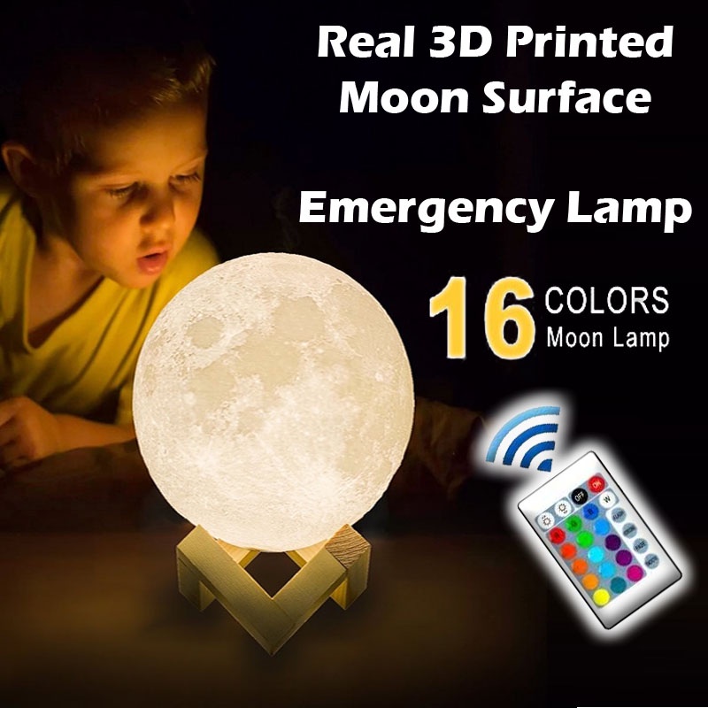 Lampu Pajangan Meja Dekorasi Plus Emergency 8 Jam bisa 16 Warna plus remote Lampu Tidur 3D Printed Moon Night Light Lamp 16 Color LED Moon Lamp Nightlight Fairy Table Bedroom Bedside Cute Birthday Party Decoration Christmas Gifts Kids Night Lights