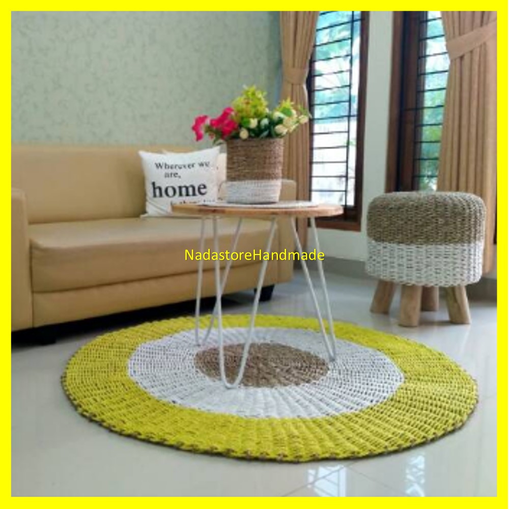 Rug Seagrass 120 cm kuning kombinasi / Tikar / Karpet bulat anyaman