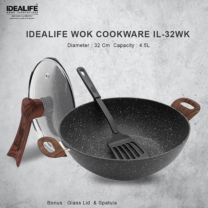 IDEALIFE IL-32WK WOK Cookware 32cm - Panci Wajan Marble IL-32 WK