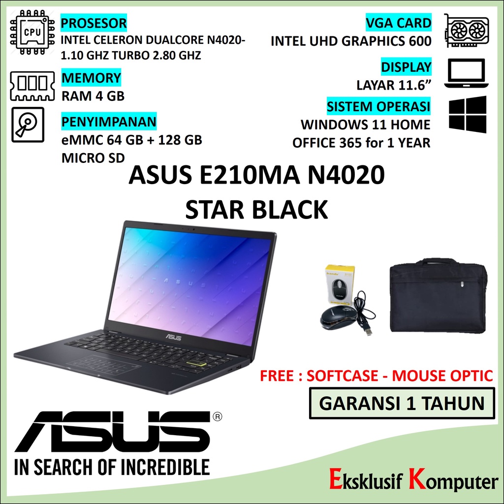 Jual NETBOOK ASUS E210MA N4020 RAM 4GB eMMC 64GB MICROSD 128GB WIN11