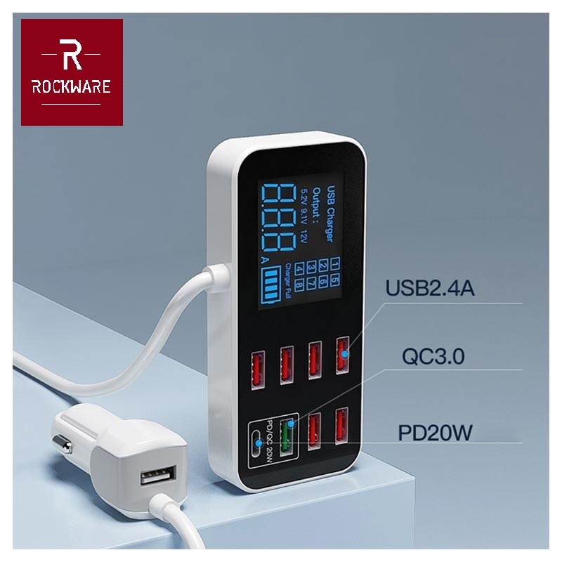 ROCKWARE WLX-A9S PLUS - Charger Mobil 40W 8 USB - Support PD dan QC