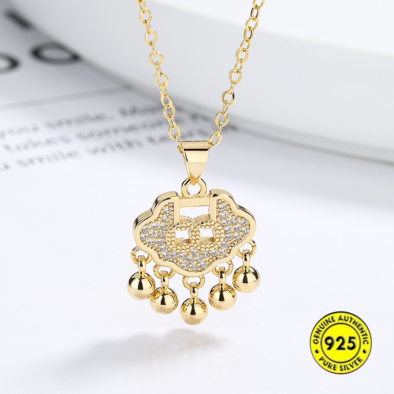 Kalung Rantai Klavikula S925 Silver Gold Plated 18K Hias Liontin Gembok Hati Berlian Untuk Wanita
