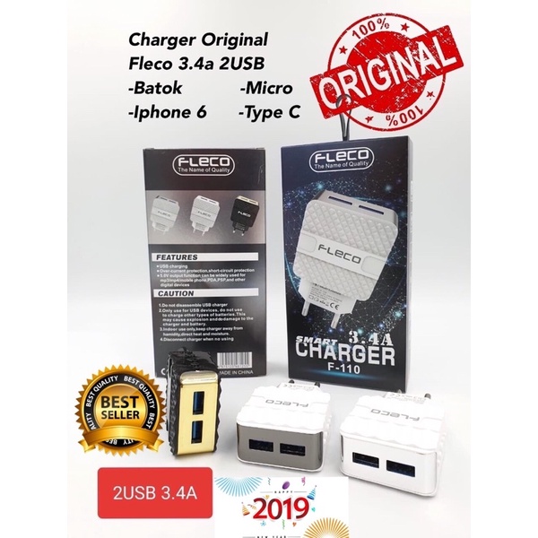 PROMO CHARGER FLECO F110 ORIGINAL 2USB SMART POWER CHARGER REAL QUALITY