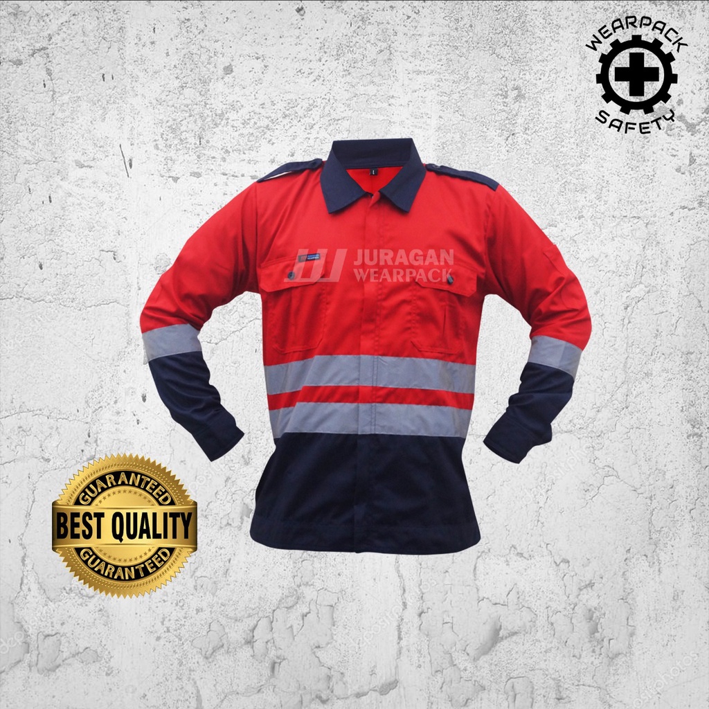 Wearpack Kerja Atasan / Baju Wearpack Safety Merah Kombinasi Biru Navy