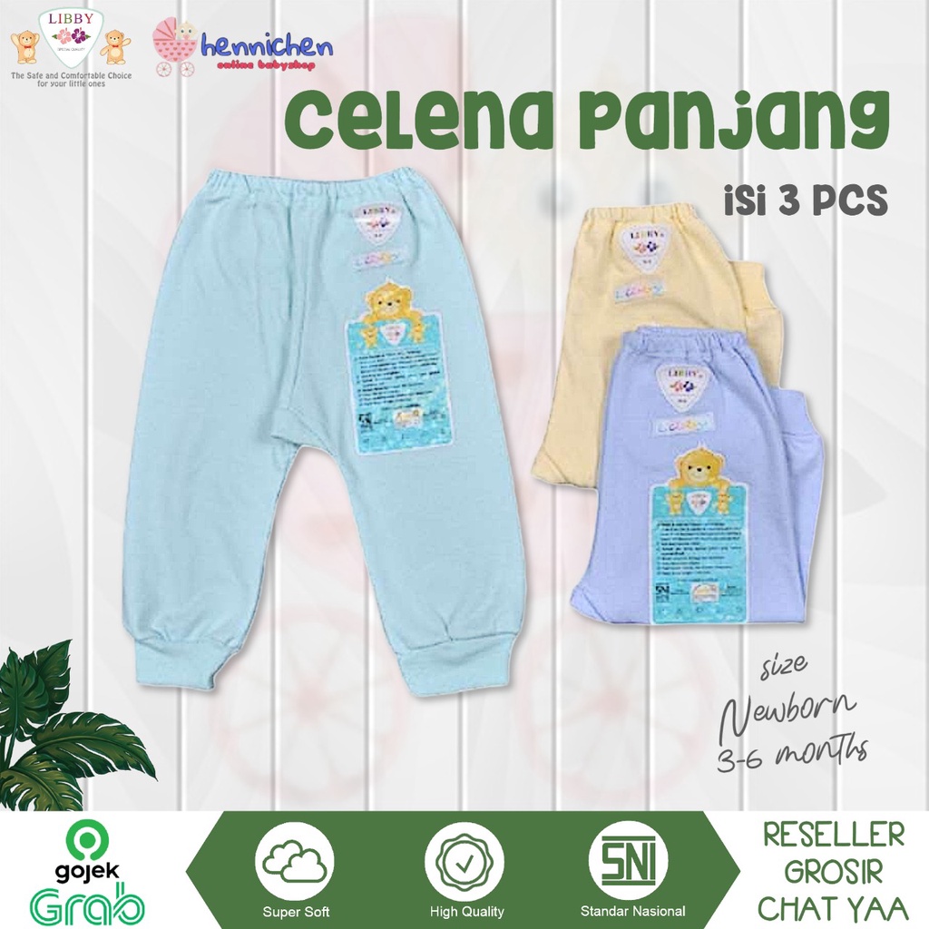 3 Pcs libby Celana Panjang Popok Bayi/Baby Warna (3-6M)