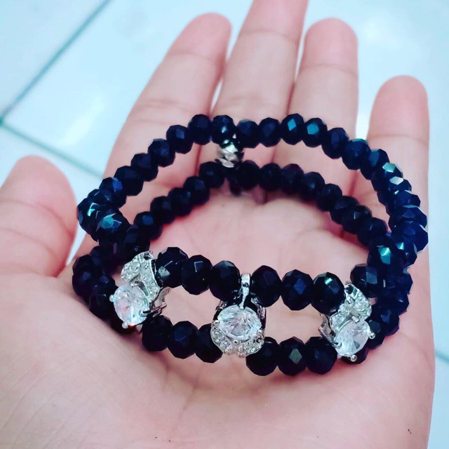 Gelang kristal hitam dobel variasi lapis emsa putih