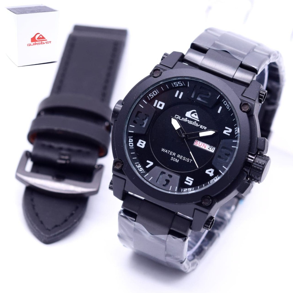 Sarajevo Gangtok Jam Tangan Pria Qu1ks1lv3r Paket Rantai Black White, Leather Black