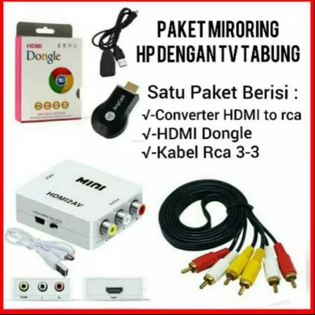Paket 3 in 1 FREE Kabel RCA + HDMI Anycast Dongle + HDMI to AV Alat Konverter dari HP ke TV Tabung