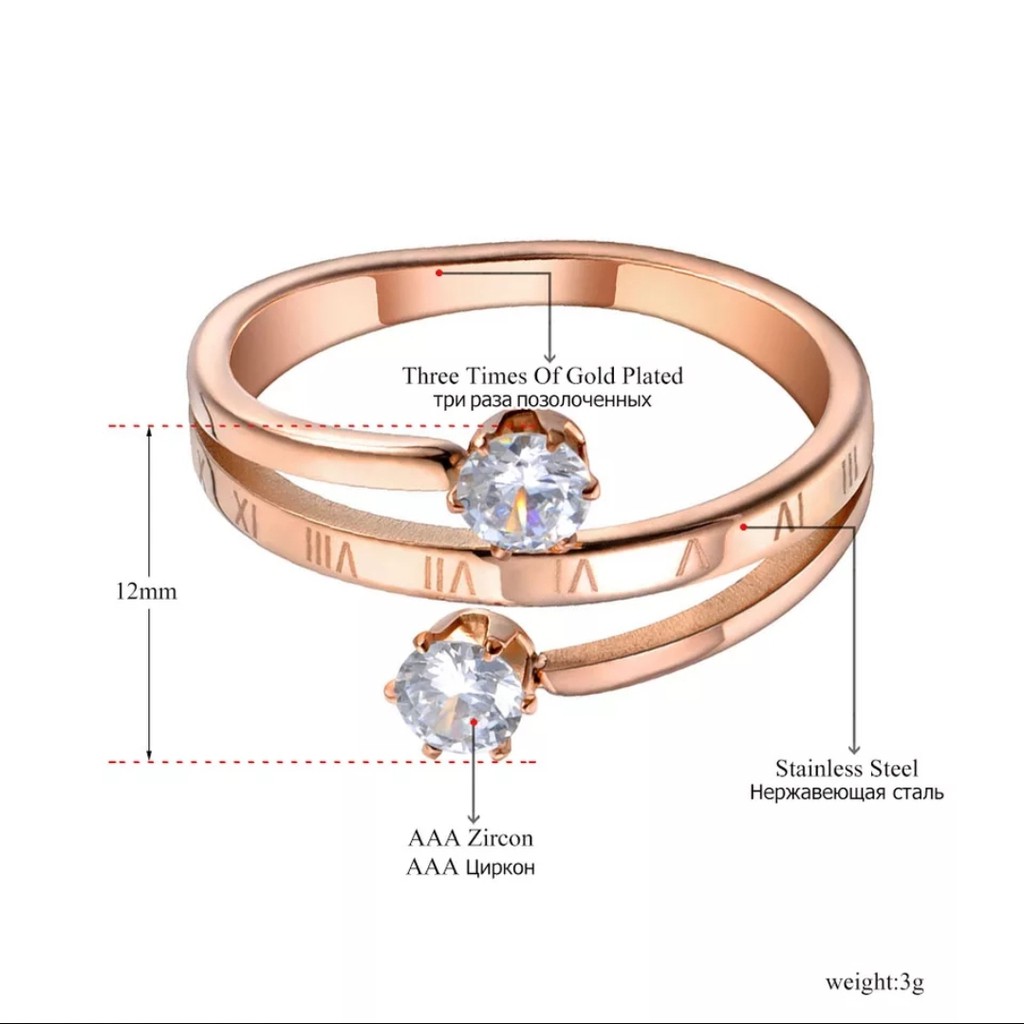 Cincin Titanium Model Dengan Angka Romawi 2 Diamonds Tersedia Warna Rose Gold, Gold dan Silver