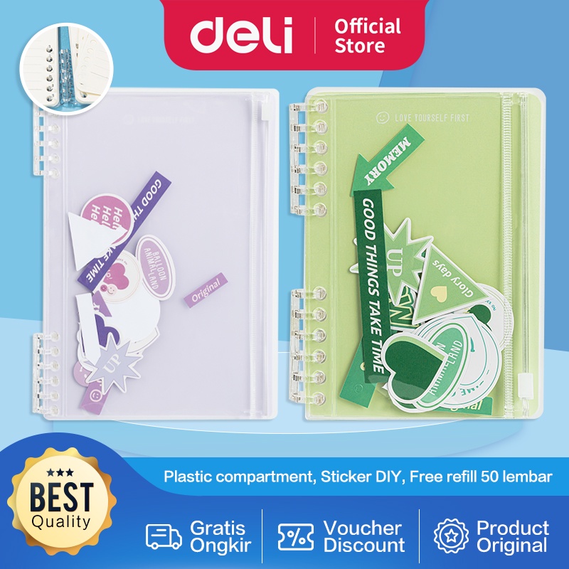 Deli Loose-Leaf Notebook / Binder Buku Catatan Jilid Spiral Sticker DIY Lucu Free Refill 50 Lembar A5 A6 2451X