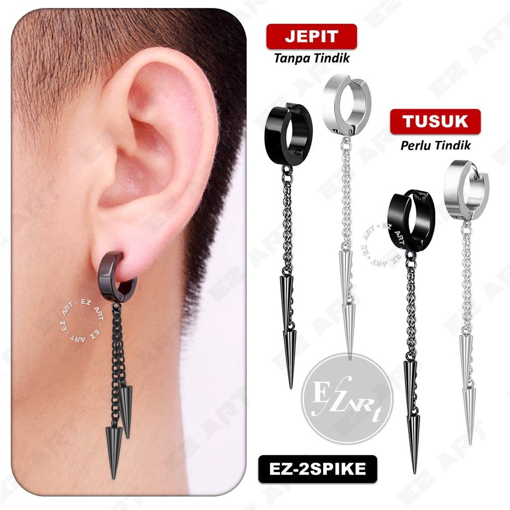 1Pc EZ-2SPIKE ANTING DOUBLE SPIKE RANTAI PANJANG GANDA SILVER HITAM JEPIT TUSUK PRIA WANITA KPOP BTS