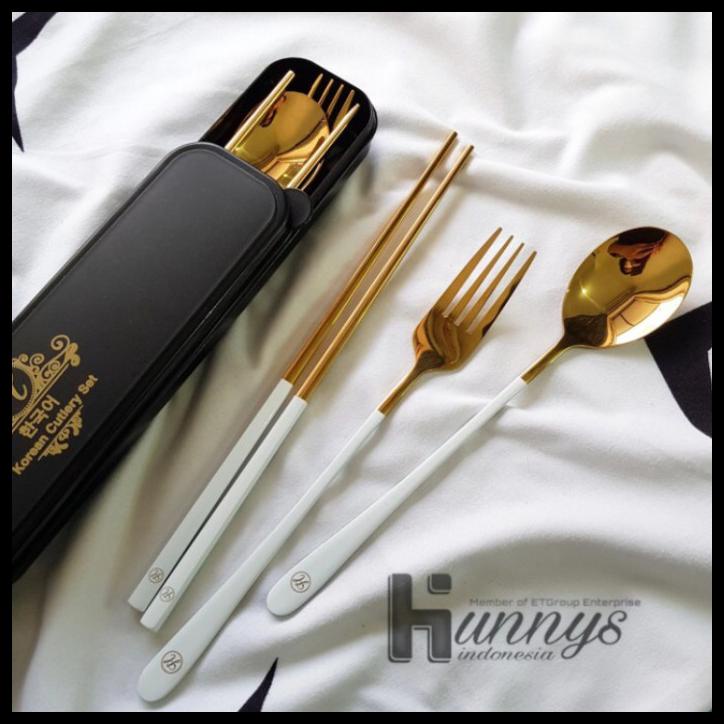 Sendok Cantik Korea 1 Set Elegan Mewah Sendok Makan+Garpu Stainless - White Gold