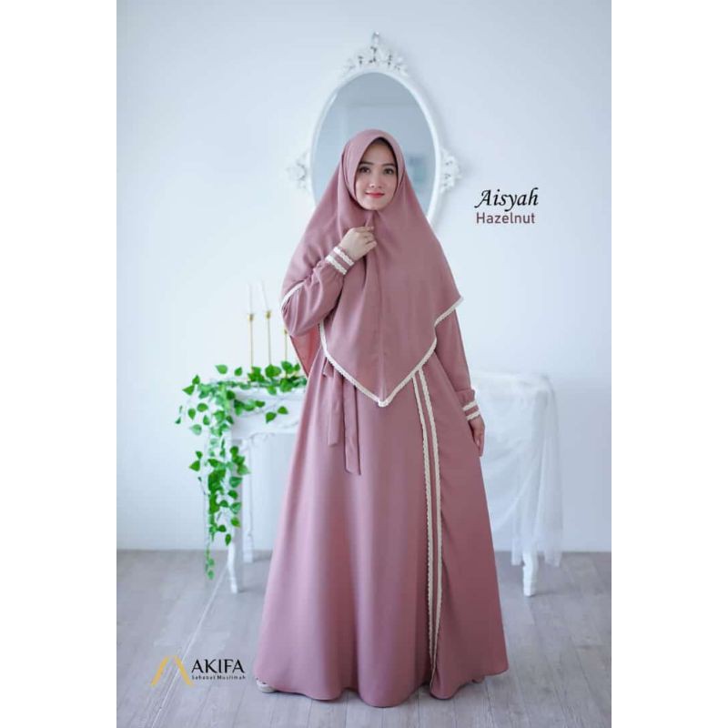 GAMIS SET KHIMAR WARNA NUDE /GAMIS AISYAH HAZELNUT ORI BY AKIFA