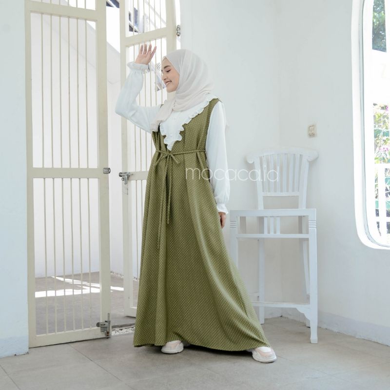 dress premiun bahan crincle polka kecil elegan putih hitam hijau olive dusty pink gamis tali ootd hijab terbaru bisa cod renda dindada busui dan wudhy friendly