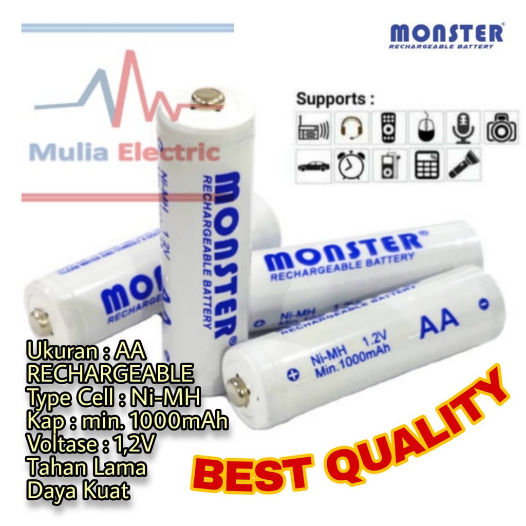 Baterai Battery Batere Cas AA Rechargeable 1.2v Recharge MONSTER