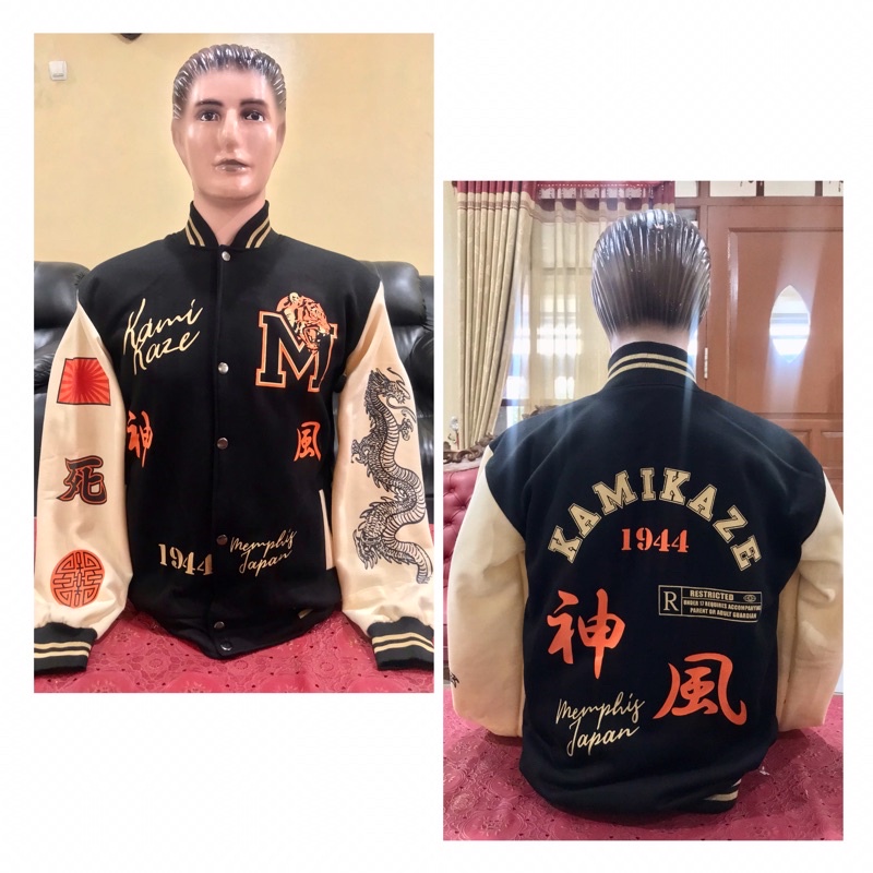 JAKET VARSITY JAKET BASEBALL PRIA WANITA JAKET BASEBALL RACING PRIA WANITA JAKET BOMBER KAMIKAZE - ORIGINS - HOMERUN VARSITY JACKET BAHAN FLEECE TEBAL Bahan-Hitam Kamikaze