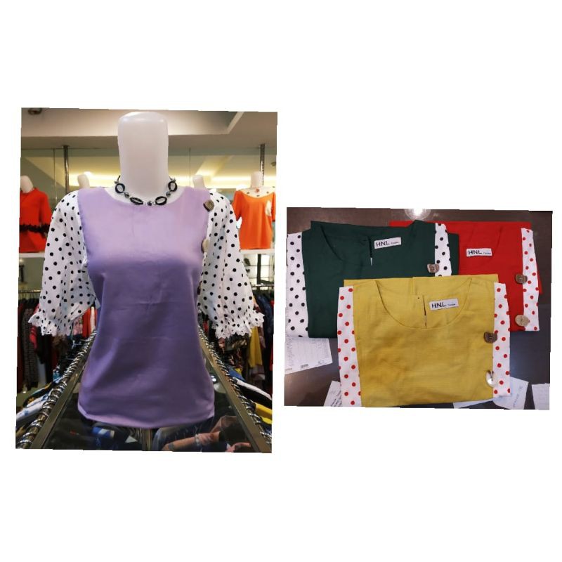 Blouse Wanita kombinasi polkadot