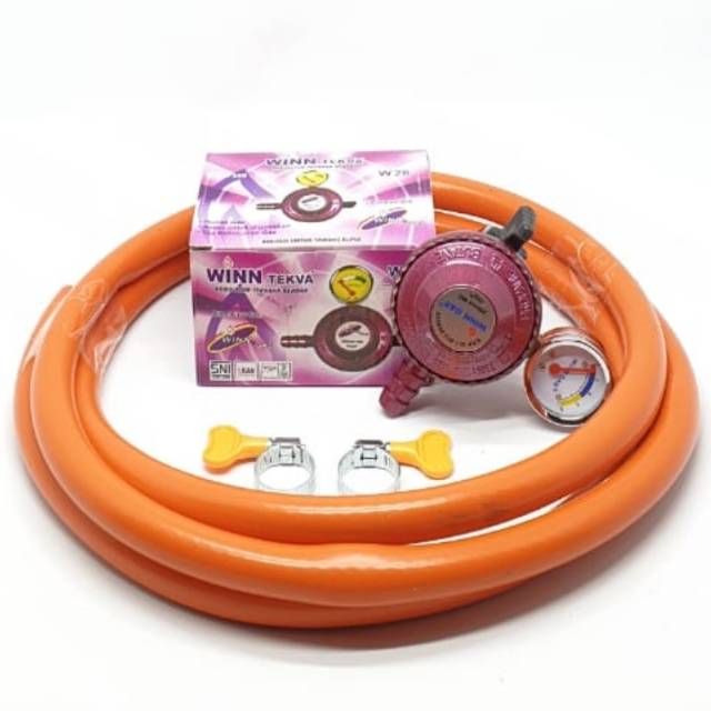 KOMPLIT Winn Gas W-28M METER + Selang Orange 2M + 2 Klem Kuping / Regulator Gas + Selang Gas