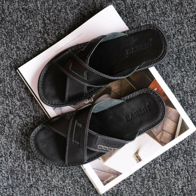 BRLN 002 Black Sandal Pria Casual Kulit Asli Sendal Santai Harian Main Kerja