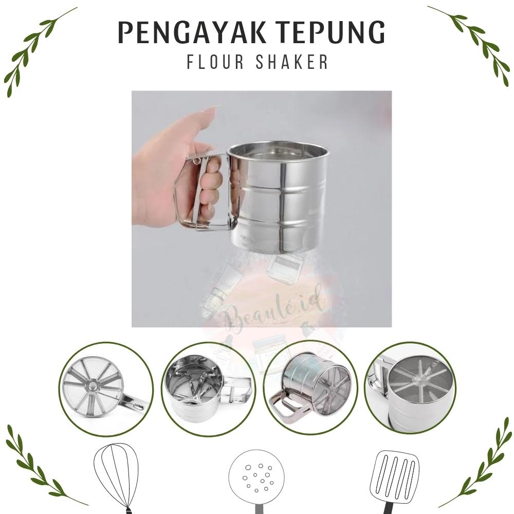 Tempat Wadah Pengayak Ayakan Tepung Icing Gula Penyaring Filter Saringan Penghalus Tepung Terigu Mekanis Flour Shaker Stainless Steel