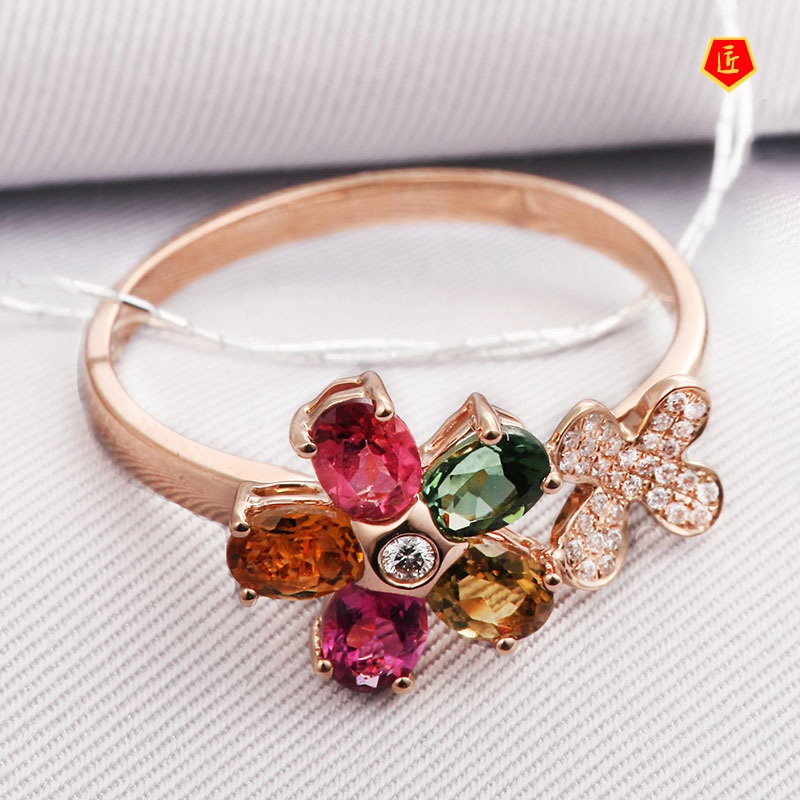 [Ready Stock]Colorful Gemstone Flower Ring Rose Gold Elegant Personality