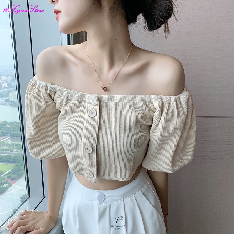 Atasan Wanita Import Crop Top Blouse Bahan Rajut Premium Kni LV057