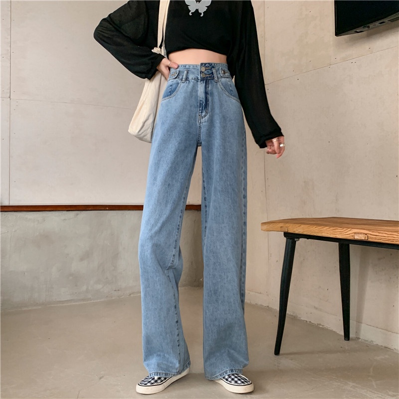 double kancing korean style pants celana lebar kasual/double kancing pants celana lebar kasual/Jeans Wanita Kekinian Celana High Waist