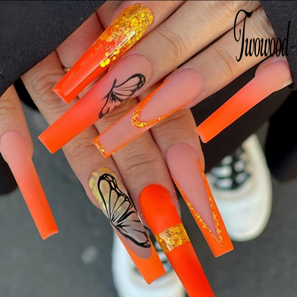 Twowood 24Pcs / Set Kuku Palsu Motif Kupu-Kupu Bahan ABS Tahan Pudar Untuk Nail Art / Manicure