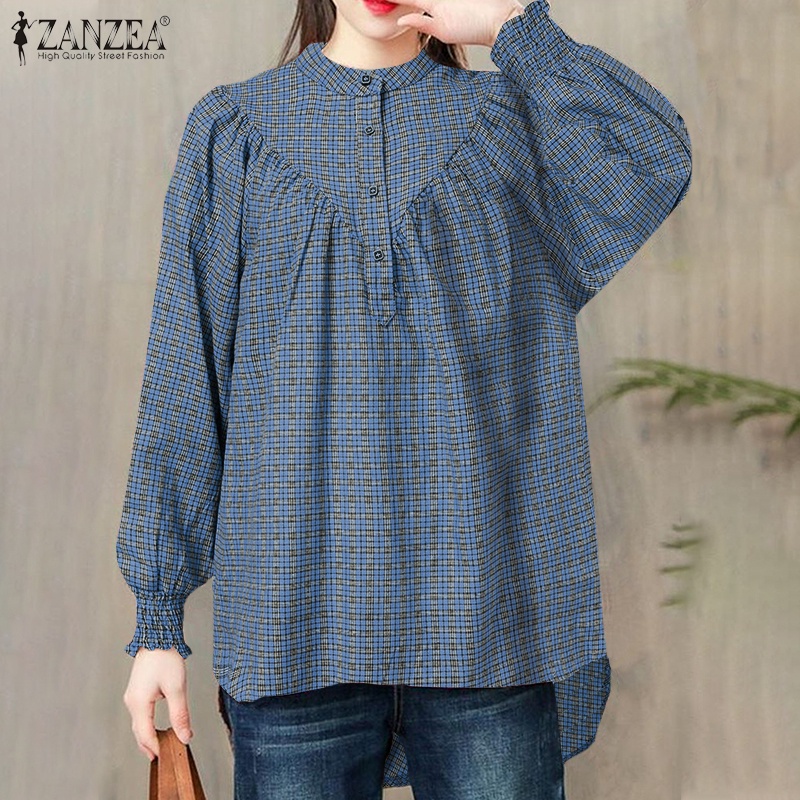 ZANZEA Women Long Sleeve Elastic Cuffs Fashion Grid Printed Casual Blouse