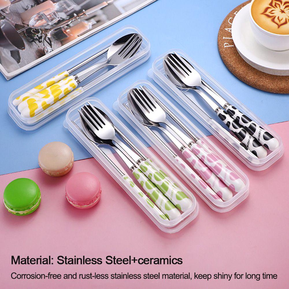 Top Cutlery Set Anak Motif Sapi Reusable Ceramic Handle Alat Makan Set