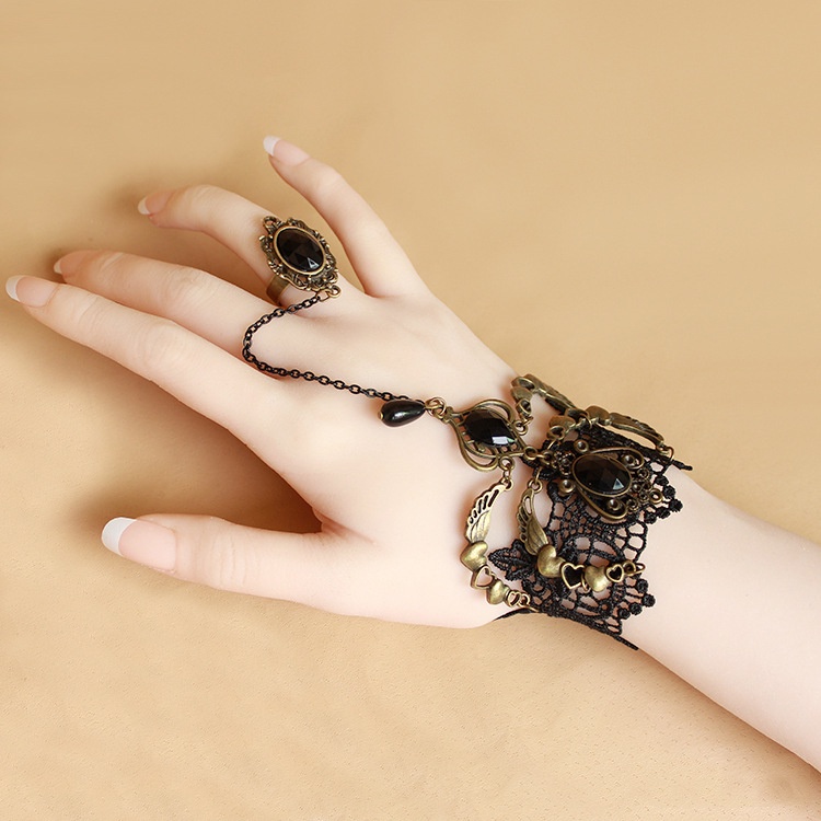 Women Vintage Gothic Bracelet with Ring Chain Stone 8506