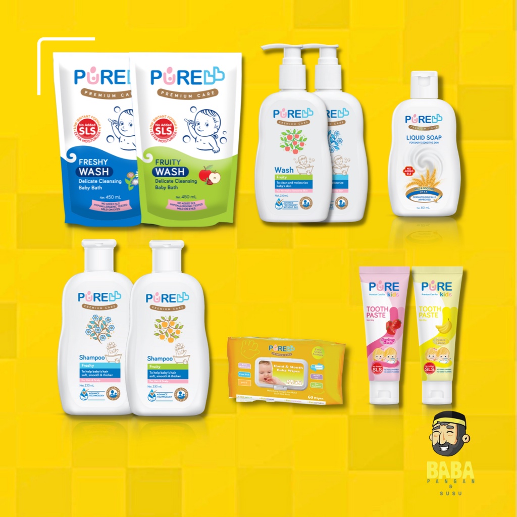 Pure BB Kids Wash Shampoo Liquid Soap Tooth Paste Pasta Gigi Wipes 60s Wash Shampoo Fruity Freshy 230ml Refill 450ml