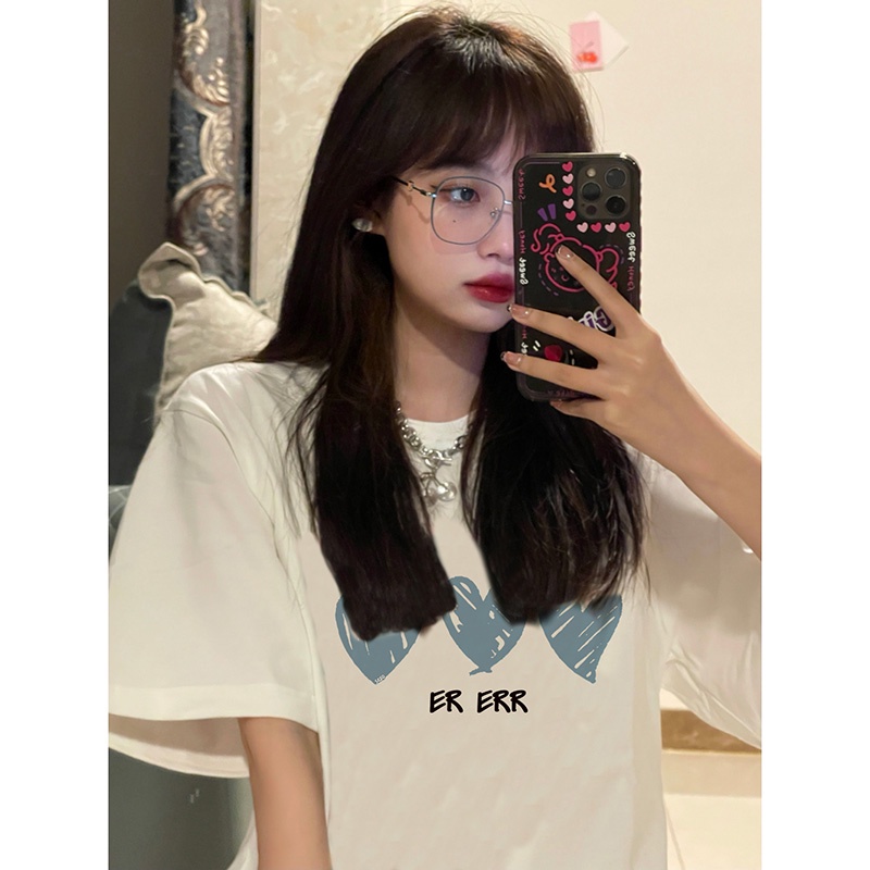 EUNII T-shirt Lengan Pendek Blue Heart Korean Style/Kaos Atasan Wanita/Baju Kaus Oversize Wanita/Kaos Wanita