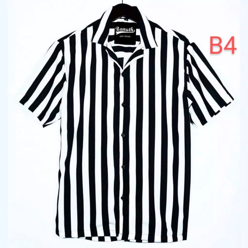 Kemeja pria polos lengan pendek termurah kemeja premium piyama stripe hitam putih