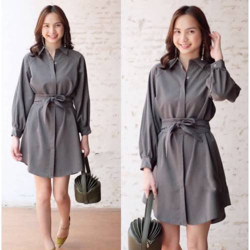 FASHION WANITA BAJU KERJA DRESS KEMEJA+OBI LONG DRESS BAJU KULIAH DRESS KEMEJA PENDEK COD