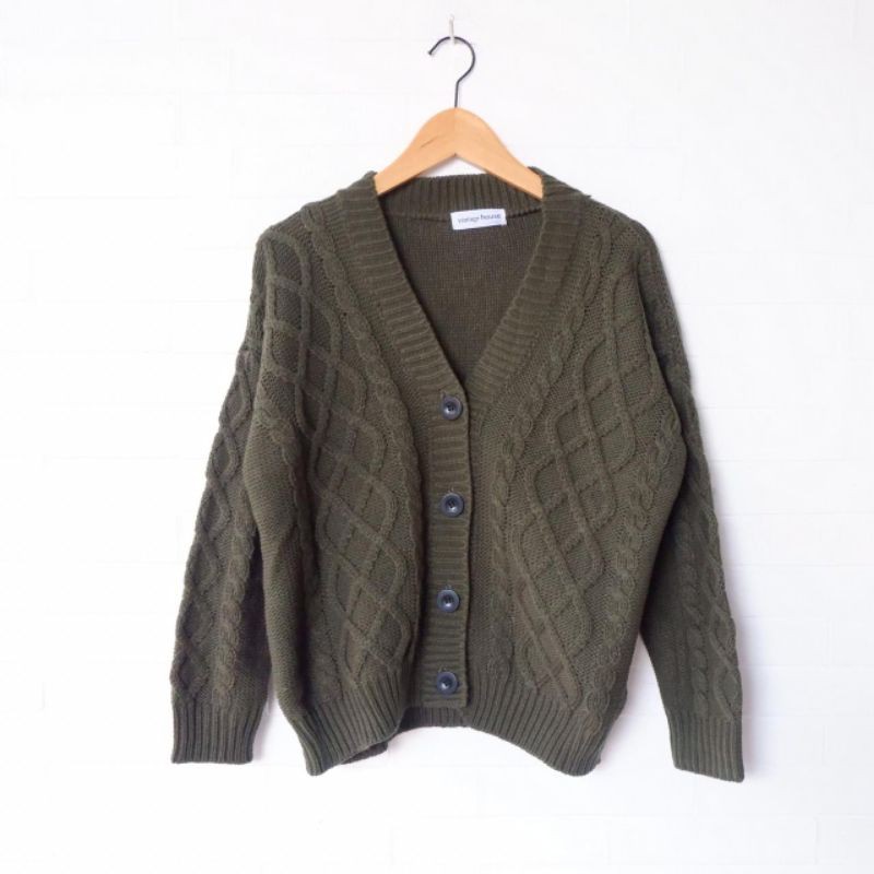 Vintage House Cross Crop Cardi (Cardigan Rajut Cable Wanita Korea / Korean Cardigan)-Dark Army