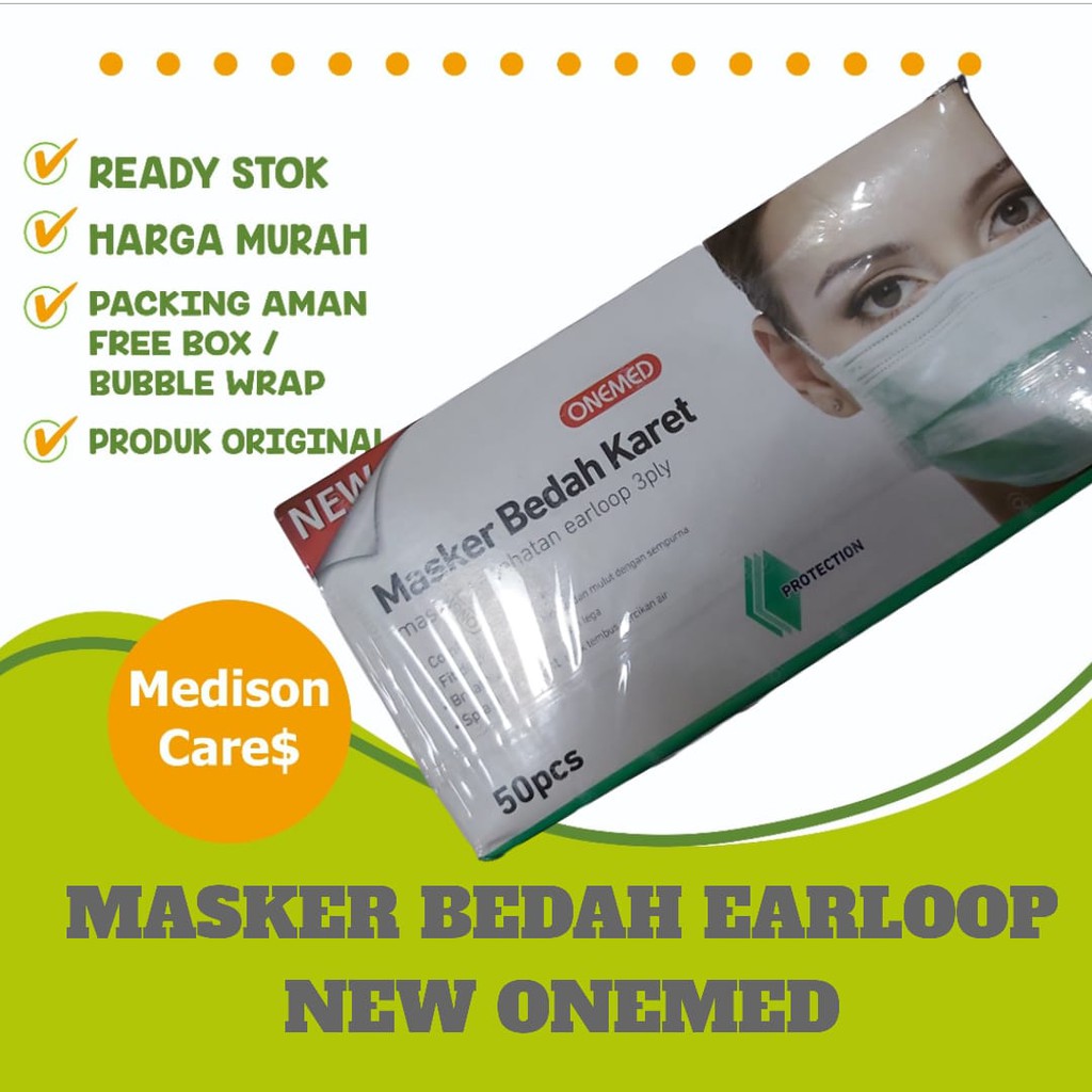 masker bedah karet onemed earloop 3 ply original | per box isi 50