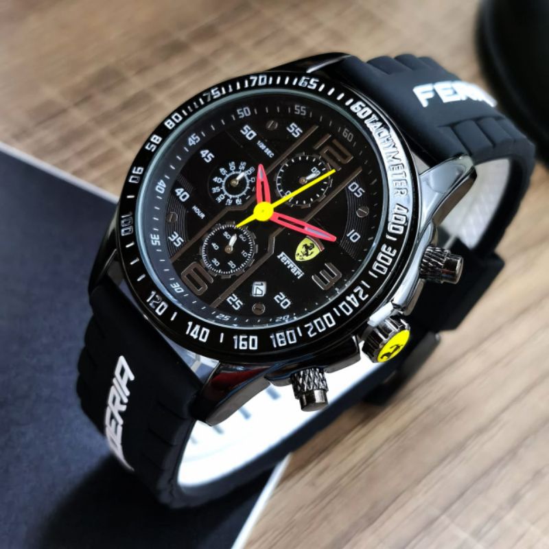 (YS)JAM TANGAN TAG HUER FERARI RING BLACK CRONO AKTIF FASHION PRIA TALI RUBBER FREE BOX(COD)