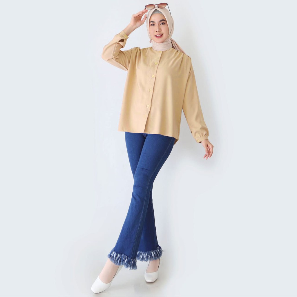 Maudy Shirt - Kemeja Wanita Bahan Shakila (Size M, L, XL, XXL) 708-Cream