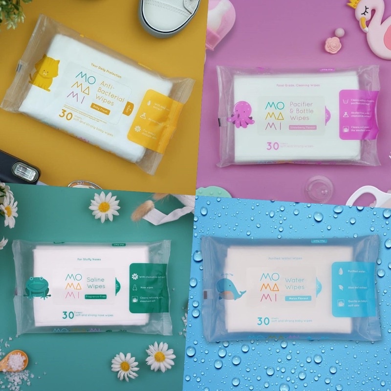 Momami Wipes Water Antibacterial Saline Tooth Gum Pacifier &amp; Bottle // Momami Tisu Basah Bayi Air Murni Pembersih Lidah Bayi Tisu Pilek Bayi Antibakterial Empeng Mainan Bayi Alat Makan