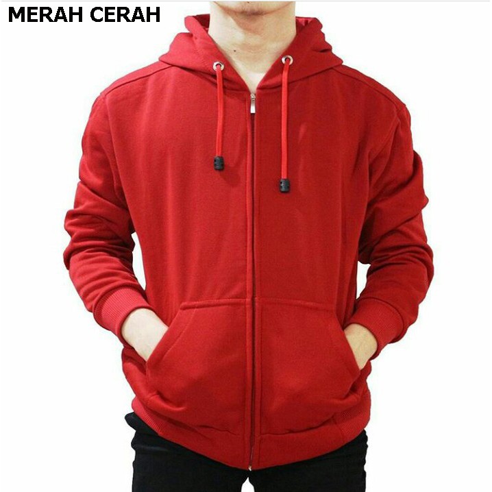 L,XL,XXL Jaket zipper hoodie polos hitam mr store-MERAH CERAH