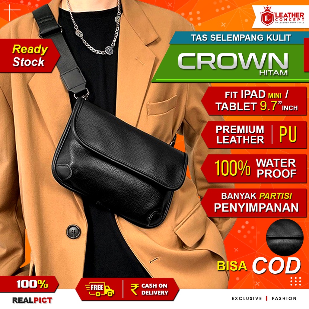 Tas Selempang Pria Waterproof Tas Kulit Pria Sling Bag CROWN HITAM