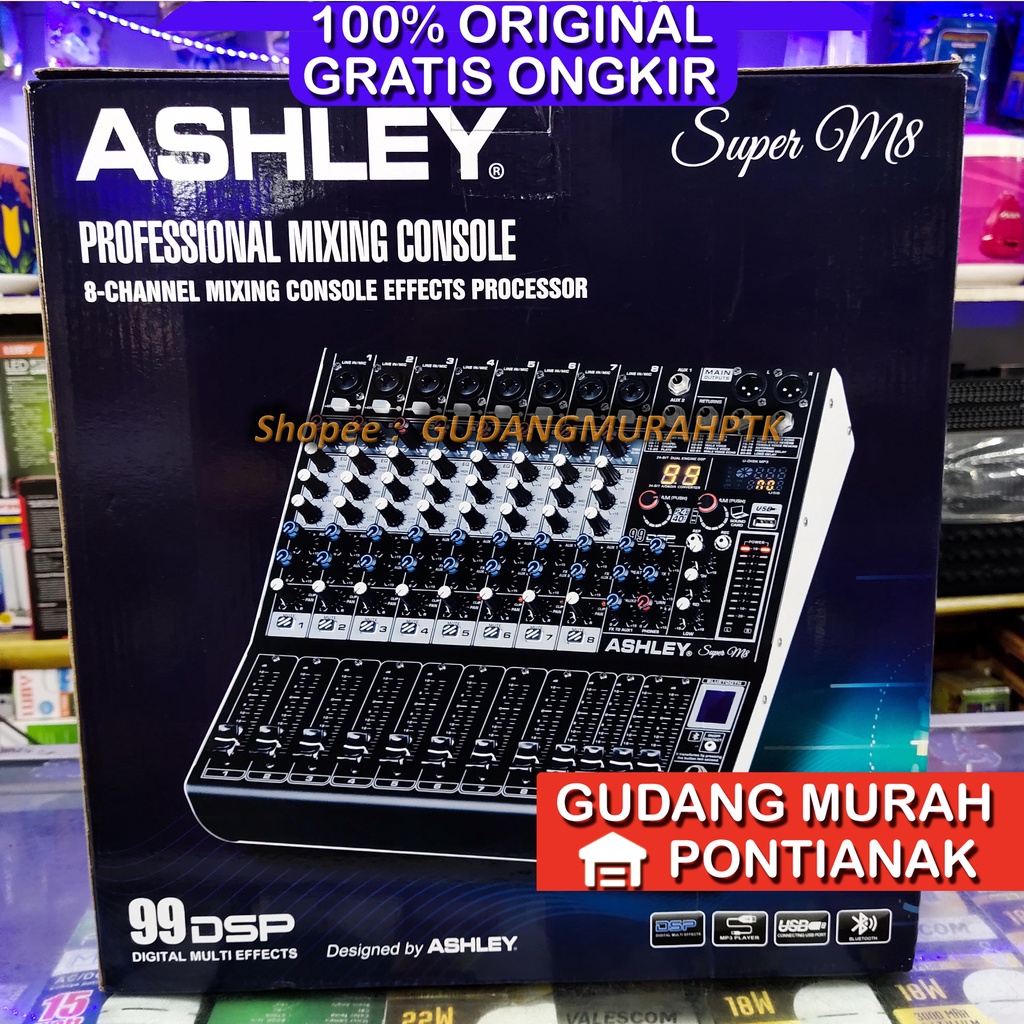 Mixer Ashley Super M8 Original 8 Channel Bluetooth Recording USB PC Phantom Original