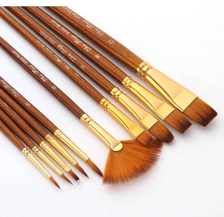 10Pcs/set Professional Nylon Hair Paint Brush Watercolor Acrylic Wooden Handle Painting Brushes Art Supplies