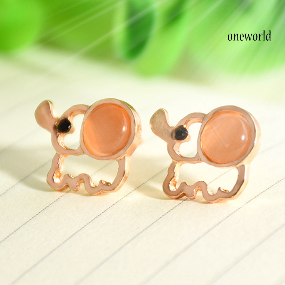 OW# Cute Women Faux Opal Inlaid Hollow Elephant Shape Ear Stud Earrings Jewelry Gift